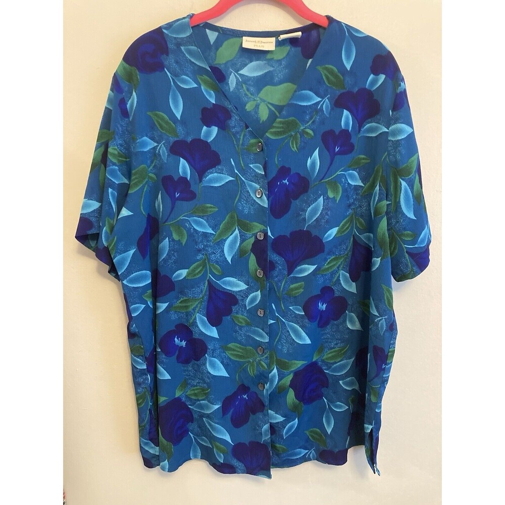 Jaclyn Smith Women’s Button Down Blue Floral Short Sleeve V-Neck Plus Size 16W